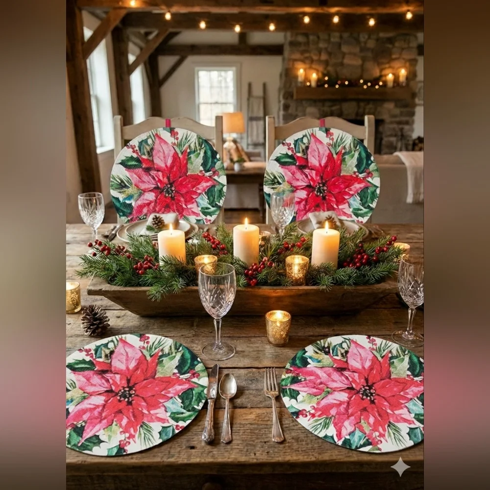 Rachel Ashwell Farmhouse Placemats Poinsettia 100% Cotton Set Of 4  Christmas